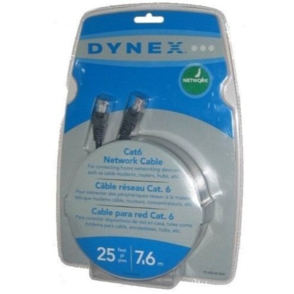 Dynex Cat6 25ft 7.6m Network Cable RJ45 M to RJ45 M 25 Ft Booted  Snagless Gray